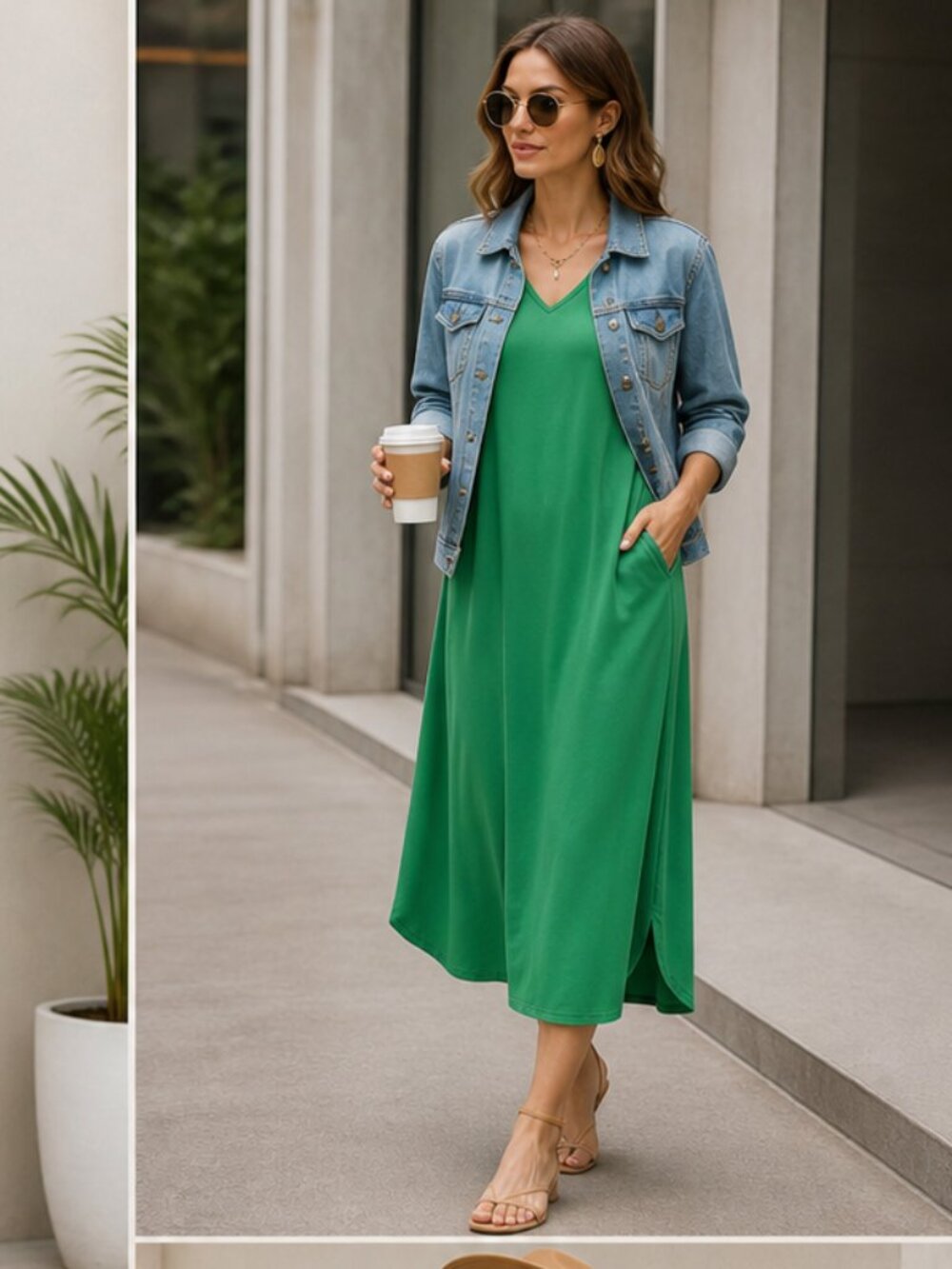 Entro Green V Neck Jersey Knit Maxi Dress With Pockets Sz M - NWT